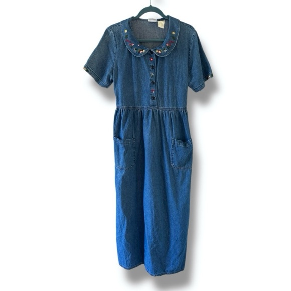Vintage Dresses & Skirts - Vintage Bobbie Brooks Blue Denim Floral Embroidered Dress Women’s Size Medium